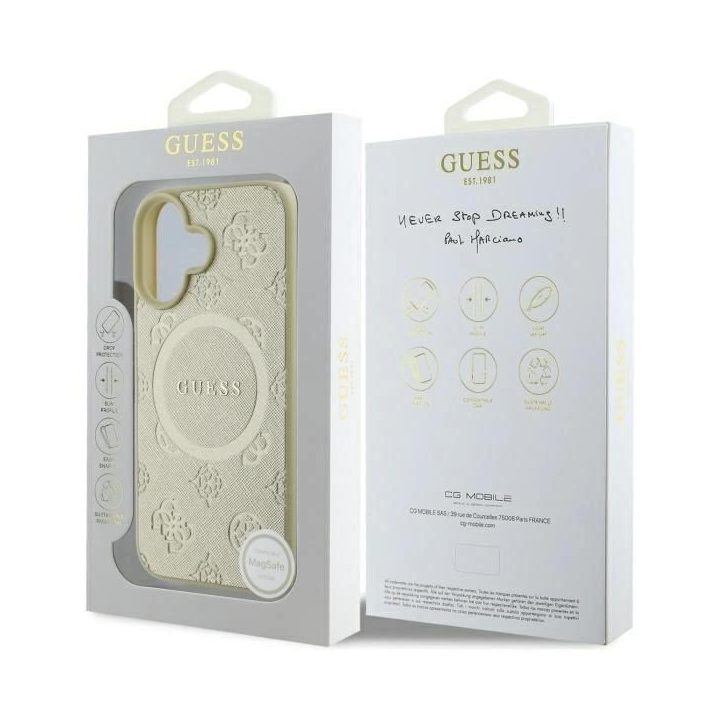 Guess Saffiano Peony Classic Logo MagSafe dėklas iPhone 16“ – auksinis