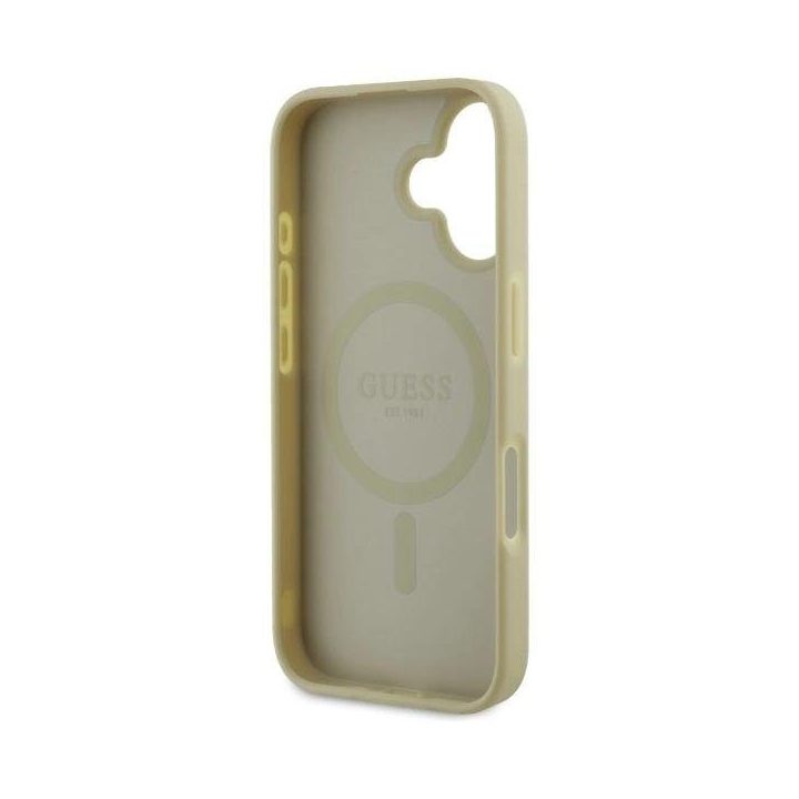 Guess Saffiano Peony Classic Logo MagSafe dėklas iPhone 16“ – auksinis