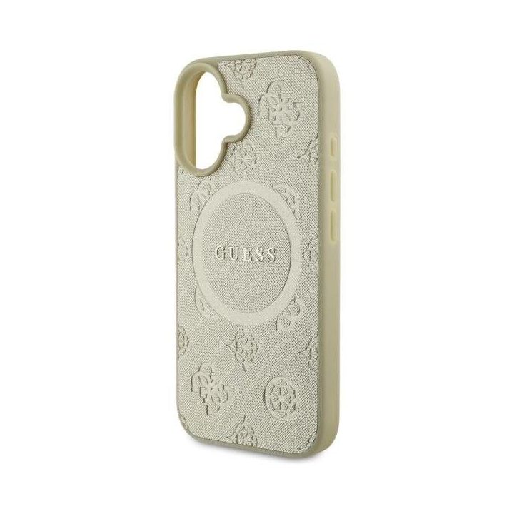 Guess Saffiano Peony Classic Logo MagSafe dėklas iPhone 16“ – auksinis