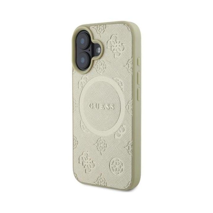 Guess Saffiano Peony Classic Logo MagSafe dėklas iPhone 16“ – auksinis