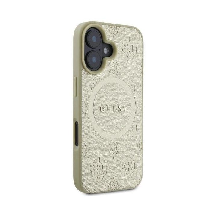 Guess Saffiano Peony Classic Logo MagSafe dėklas iPhone 16“ – auksinis