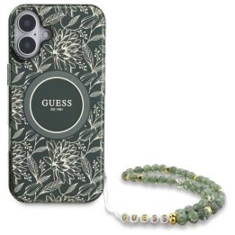 Guess IML Flowers Allover Electro With Pearl Strap MagSafe dėklas iPhone 16 žalias