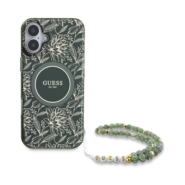 Guess IML Flowers Allover Electro With Pearl Strap MagSafe dėklas iPhone 16 žalias