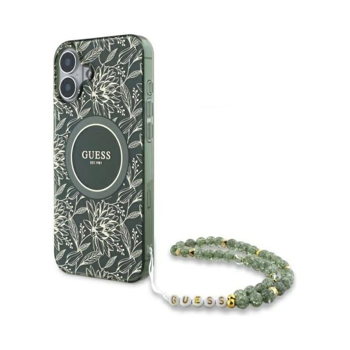 Guess IML Flowers Allover Electro With Pearl Strap MagSafe dėklas iPhone 16 žalias
