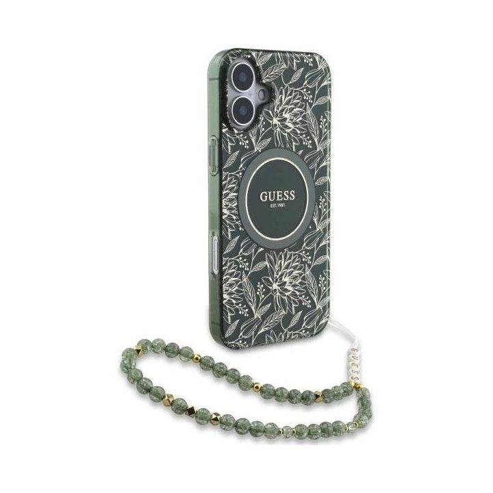 Guess IML Flowers Allover Electro With Pearl Strap MagSafe dėklas iPhone 16 žalias