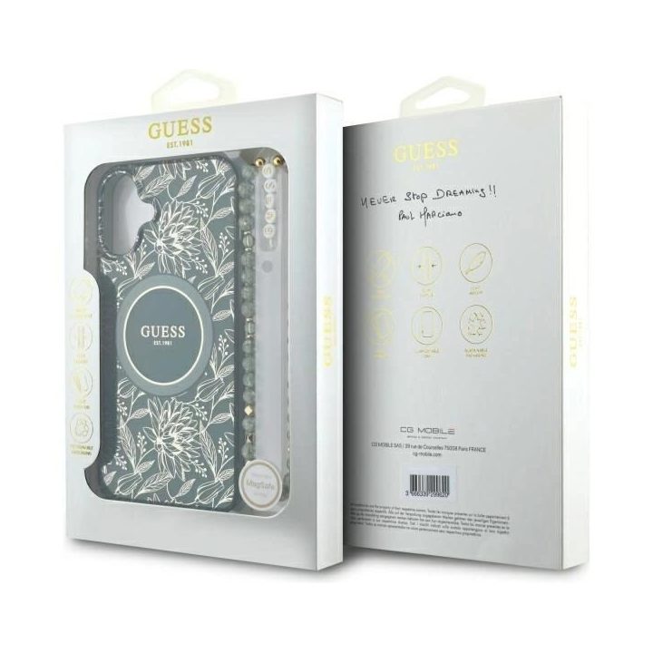 Guess IML Flowers Allover Electro With Pearl Strap MagSafe dėklas iPhone 16 žalias