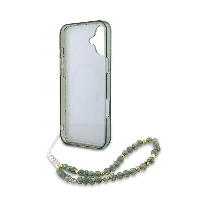 Guess IML Flowers Allover Electro With Pearl Strap MagSafe dėklas iPhone 16 žalias