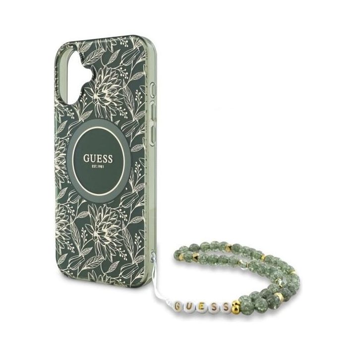 Guess IML Flowers Allover Electro With Pearl Strap MagSafe dėklas iPhone 16 žalias