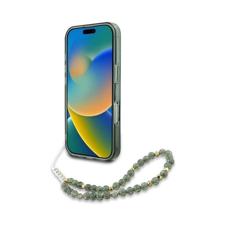 Guess IML Flowers Allover Electro With Pearl Strap MagSafe dėklas iPhone 16 žalias