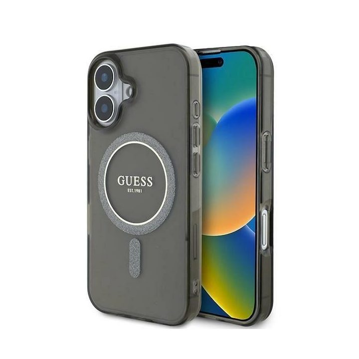 Guess IML Glitter Circle MagSafe dėklas iPhone 16“ – juodas