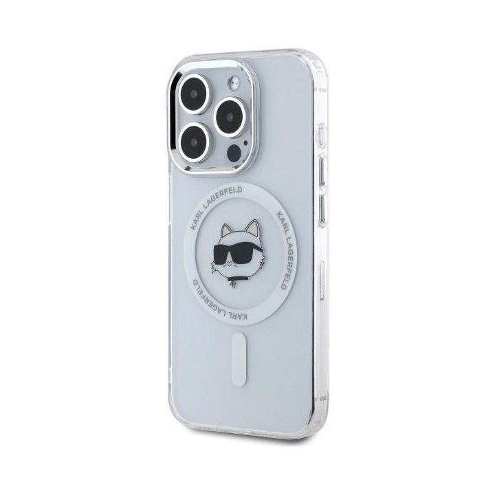Karl Lagerfeld IML Metal Choupette Head MagSafe dėklas iPhone 15 Pro – baltas