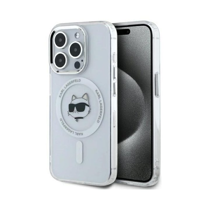 Karl Lagerfeld IML Metal Choupette Head MagSafe dėklas iPhone 15 Pro – baltas