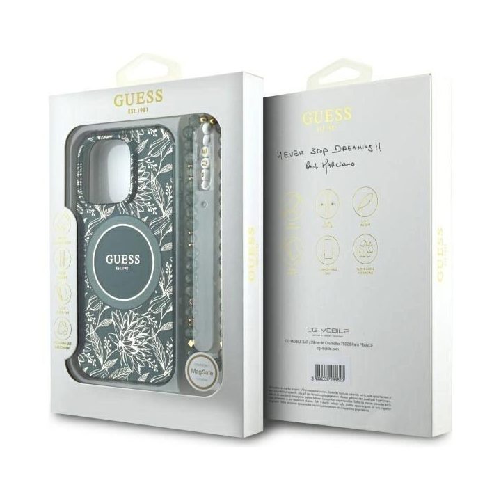 Guess IML Flowers Allover Electro su Perliniu dirželiu MagSafe dėklas iPhone 16 Pro Max - žalias