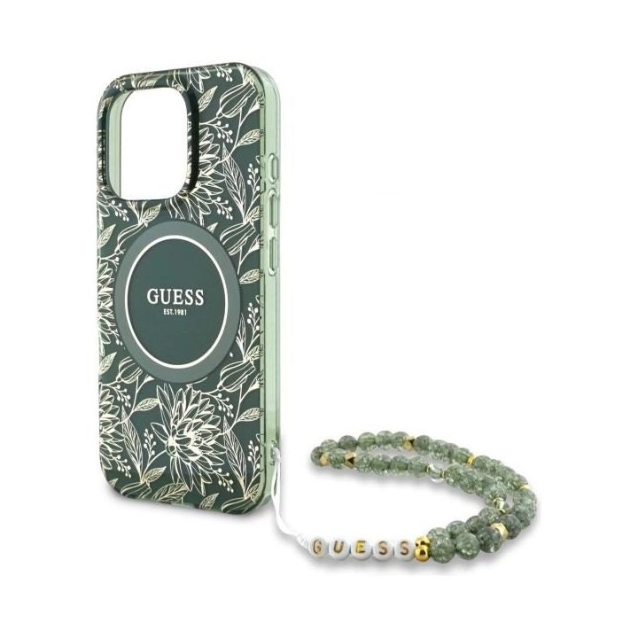 Guess IML Flowers Allover Electro su Perliniu dirželiu MagSafe dėklas iPhone 16 Pro Max - žalias