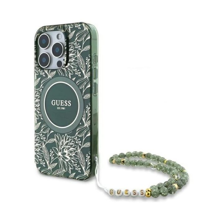 Guess IML Flowers Allover Electro su Perliniu dirželiu MagSafe dėklas iPhone 16 Pro Max - žalias
