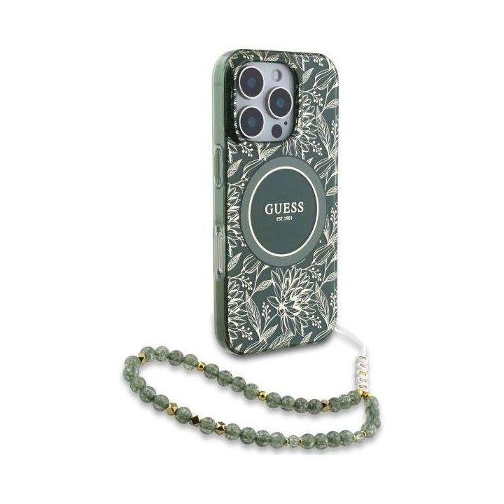 Guess IML Flowers Allover Electro su Perliniu dirželiu MagSafe dėklas iPhone 16 Pro Max - žalias