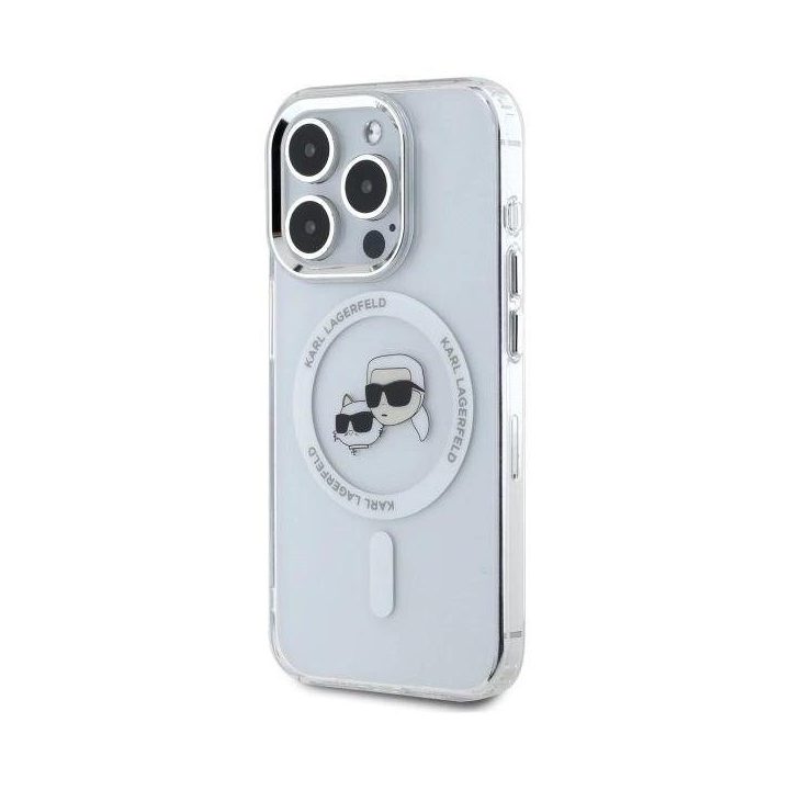 Karl Lagerfeld IML Metal Karl&Choupette Head MagSafe dėklas iPhone 15 Pro – baltas
