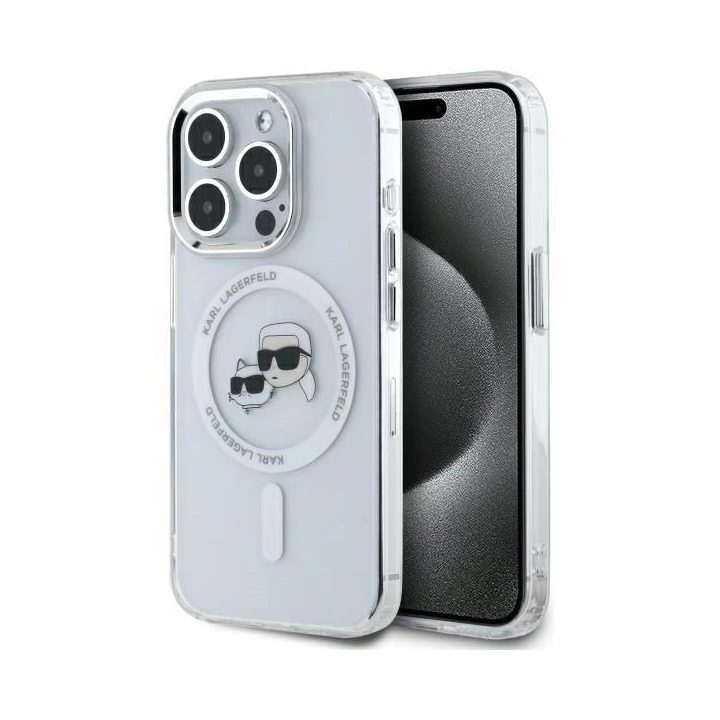 Karl Lagerfeld IML Metal Karl&Choupette Head MagSafe dėklas iPhone 15 Pro – baltas