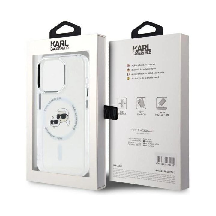 Karl Lagerfeld IML Metal Karl&Choupette Head MagSafe dėklas iPhone 15 Pro – baltas