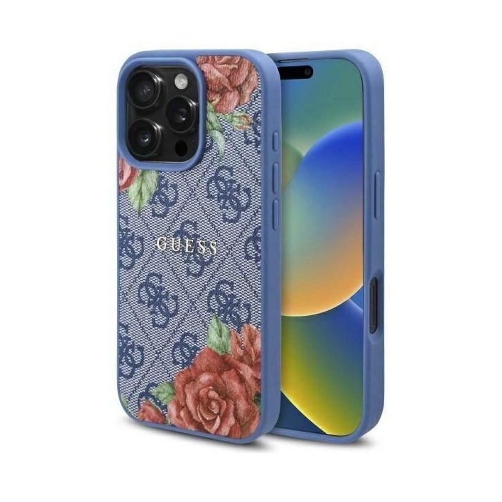 Guess 4G Flowers Print MagSafe dėklas iPhone 16 Pro Max“ telefonui – mėlynas