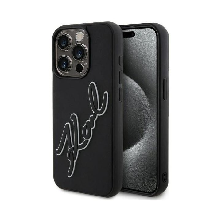Karl Lagerfeld 3D Rubber Signature“ dėklas iPhone 15 Pro“ – juodos spalvos