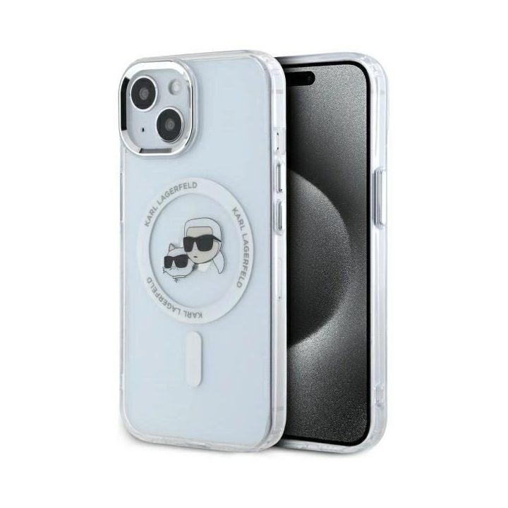Karl Lagerfeld“ dėklas IML Metal Karl&Choupette Head MagSafe“, skirtas iPhone 15“ – baltas