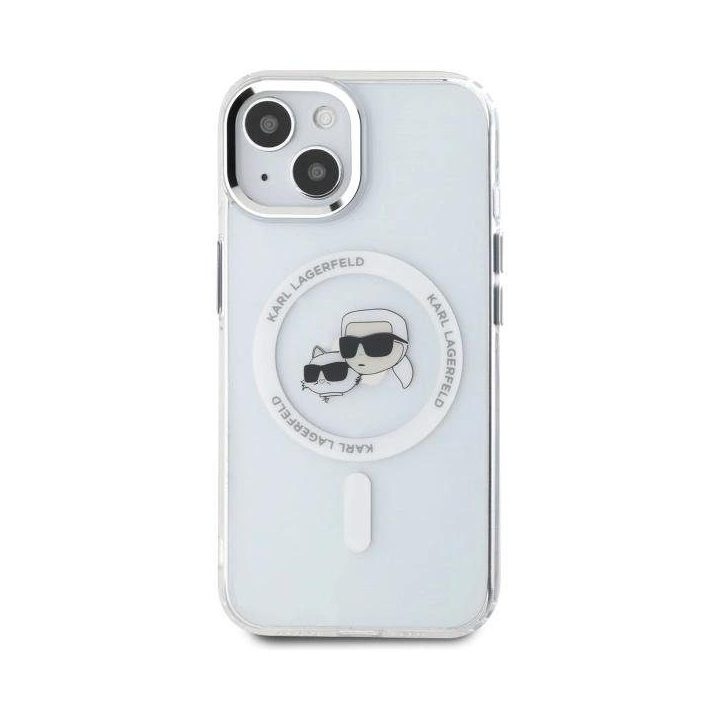 Karl Lagerfeld“ dėklas IML Metal Karl&Choupette Head MagSafe“, skirtas iPhone 15“ – baltas
