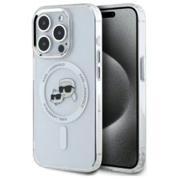 Karl Lagerfeld IML Metal Karl&Choupette Head MagSafe dėklas iPhone 15 Pro Max telefonui - baltas
