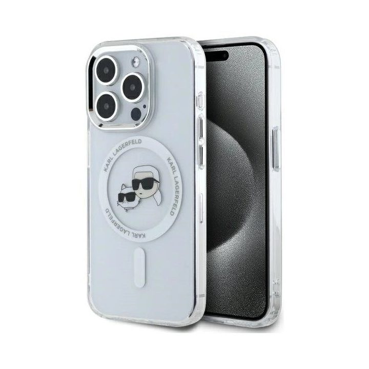 Karl Lagerfeld IML Metal Karl&Choupette Head MagSafe dėklas iPhone 15 Pro Max telefonui - baltas