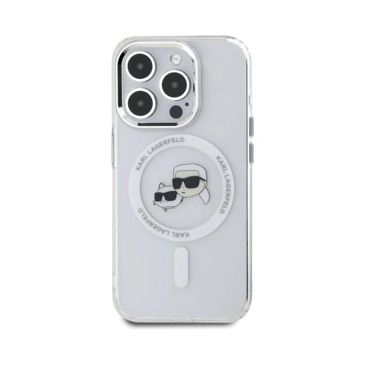 Karl Lagerfeld IML Metal Karl&Choupette Head MagSafe dėklas iPhone 15 Pro Max telefonui - baltas