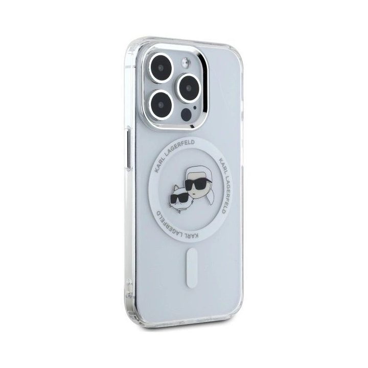 Karl Lagerfeld IML Metal Karl&Choupette Head MagSafe dėklas iPhone 15 Pro Max telefonui - baltas