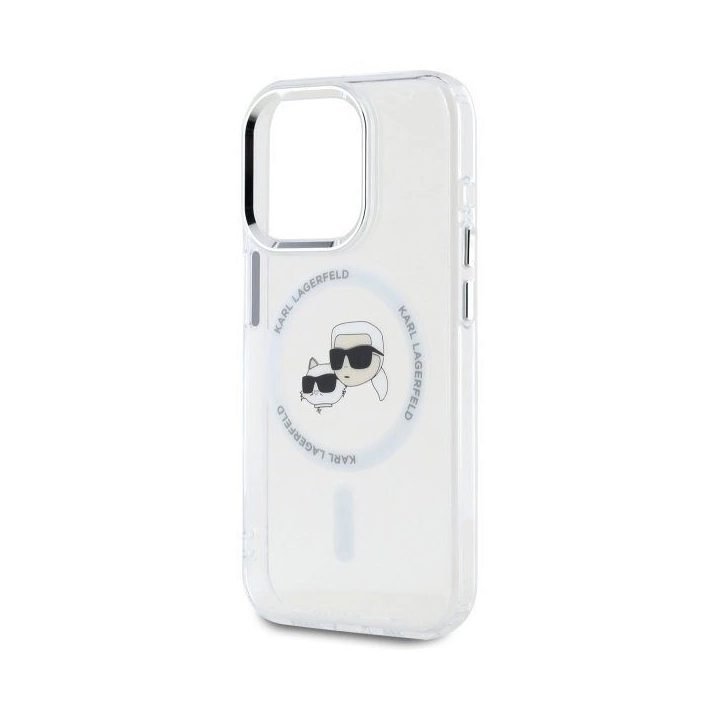 Karl Lagerfeld IML Metal Karl&Choupette Head MagSafe dėklas iPhone 15 Pro Max telefonui - baltas