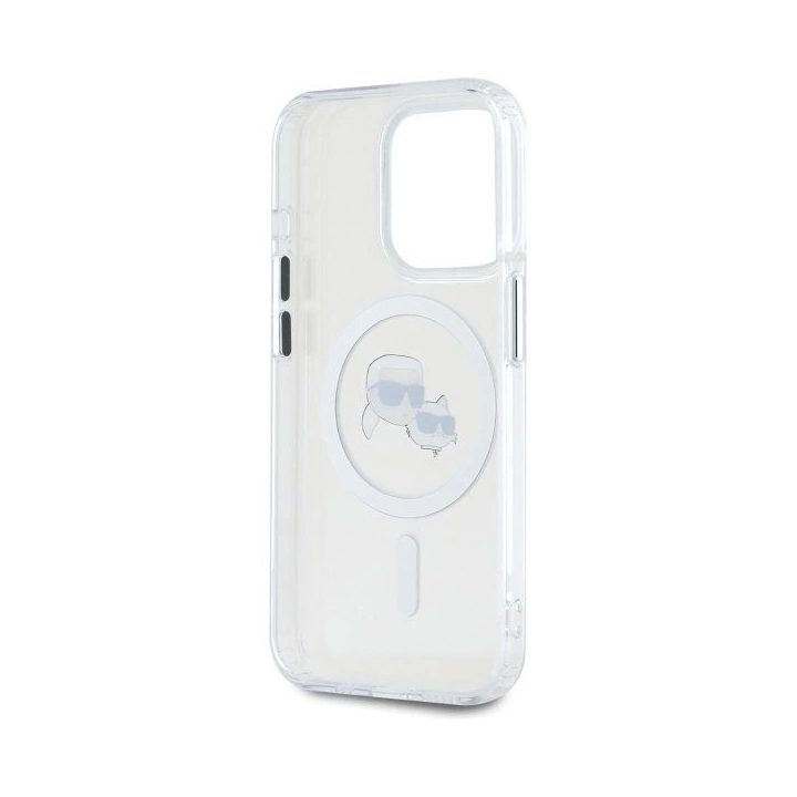 Karl Lagerfeld IML Metal Karl&Choupette Head MagSafe dėklas iPhone 15 Pro Max telefonui - baltas