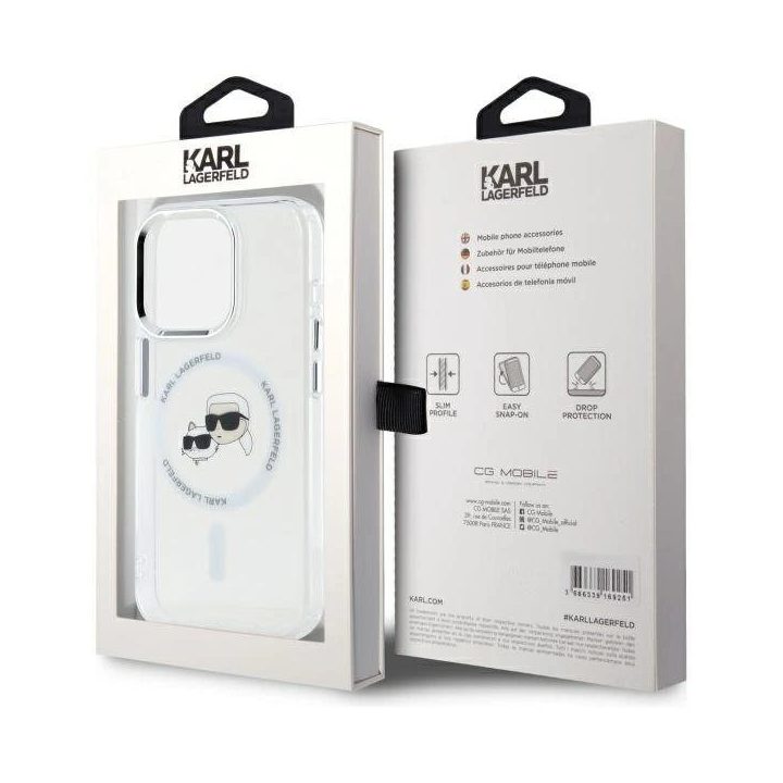 Karl Lagerfeld IML Metal Karl&Choupette Head MagSafe dėklas iPhone 15 Pro Max telefonui - baltas