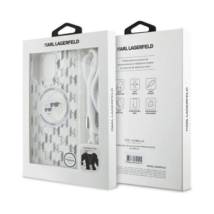 Karl Lagerfeld“ IML Crossbody su monogramine Karl & Choupette Head“ MagSafe“ dėklas iPhone 16 Pro Max“ – skaidrus