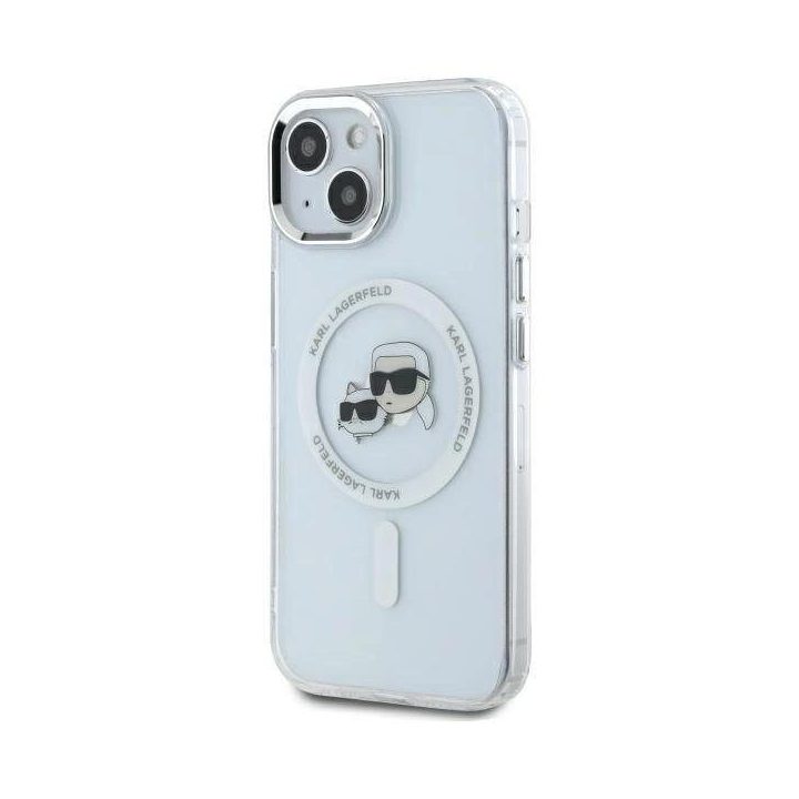 Karl Lagerfeld IML Metal Karl & Choupette Head MagSafe iPhone 14 dėklas – baltas