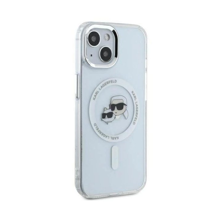 Karl Lagerfeld IML Metal Karl & Choupette Head MagSafe iPhone 14 dėklas – baltas