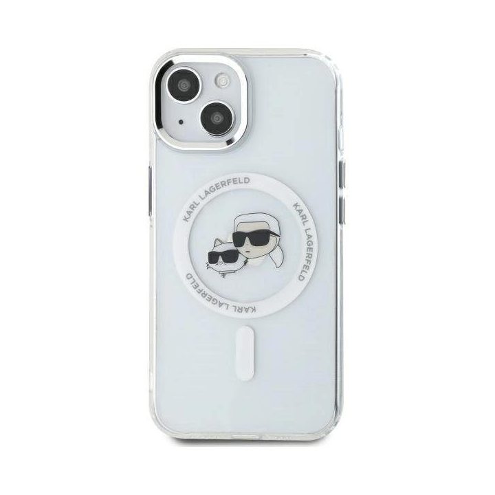 Karl Lagerfeld IML Metal Karl & Choupette Head MagSafe iPhone 14 dėklas – baltas