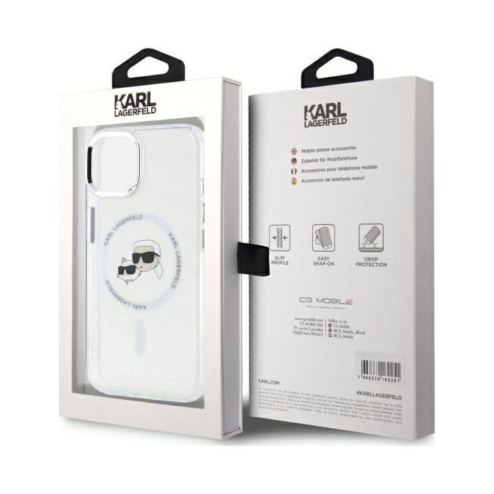 Karl Lagerfeld IML Metal Karl & Choupette Head MagSafe iPhone 14 dėklas – baltas