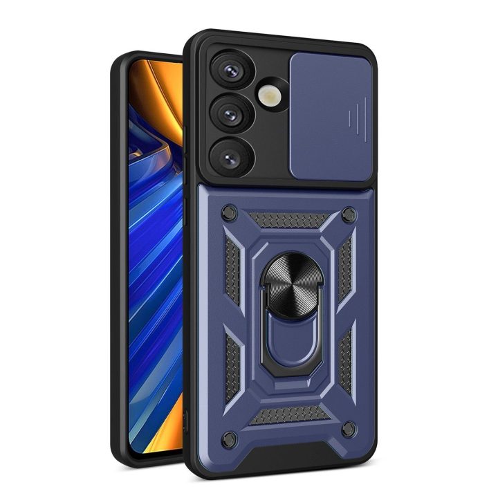 Hybrid Armor Camshield“ dėklas su kameros apsauga ir metaliniu žiedu Samsung Galaxy S25“ – mėlynas