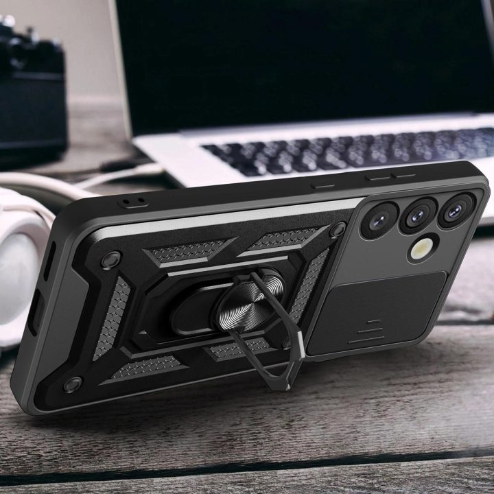 Hybrid Armor Camshield šarvuotasis dėklas su fotoaparato apsauga ir metaliniu žiedu Samsung Galaxy S25+“ – juodas
