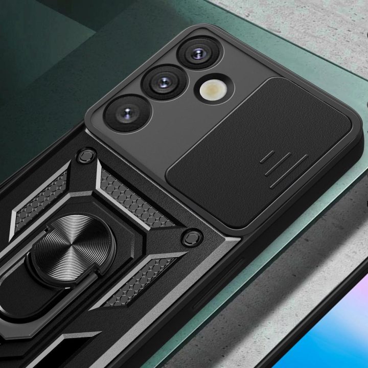 Hybrid Armor Camshield šarvuotasis dėklas su fotoaparato apsauga ir metaliniu žiedu Samsung Galaxy S25+“ – juodas