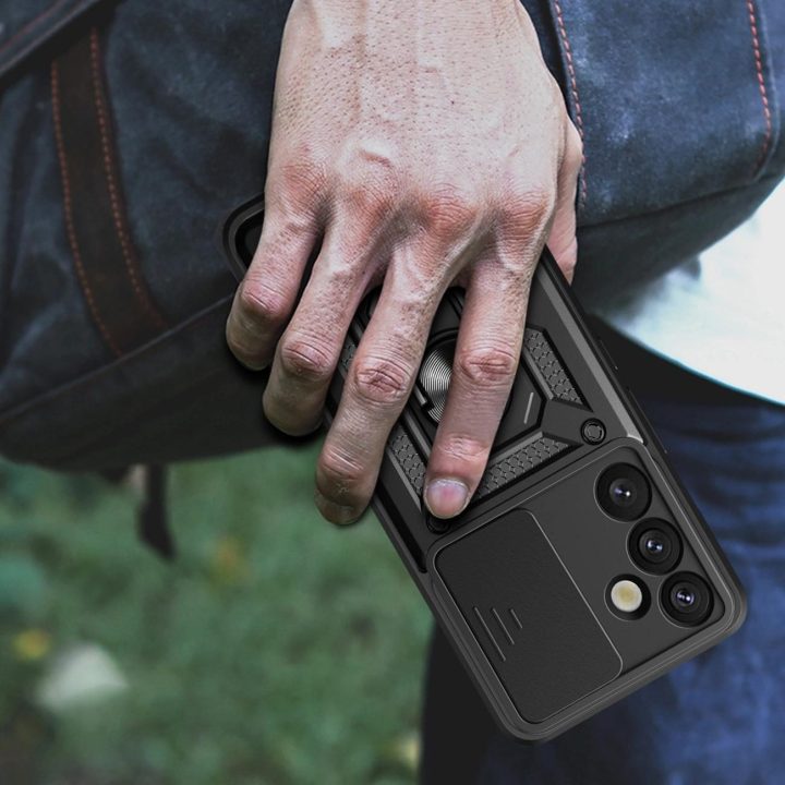 Hybrid Armor Camshield šarvuotasis dėklas su fotoaparato apsauga ir metaliniu žiedu Samsung Galaxy S25+“ – juodas