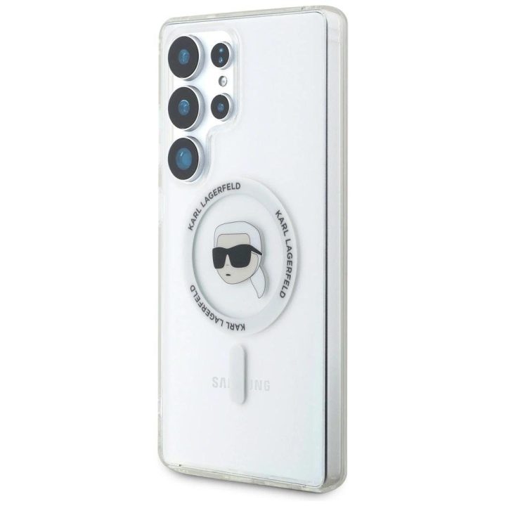 Karl Lagerfeld Button Karl Head Printed Logo MagSafe dėklas baltas Samsung Galaxy S25 Ultra