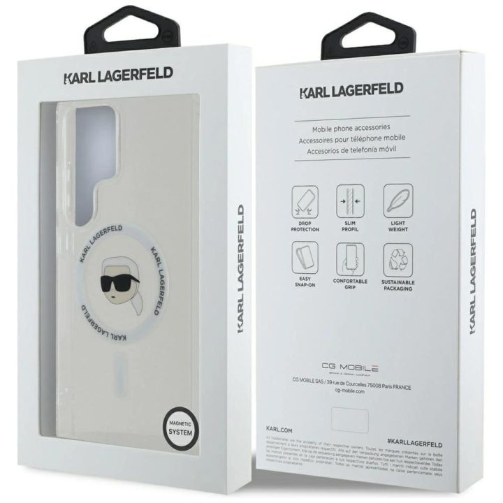 Karl Lagerfeld Button Karl Head Printed Logo MagSafe dėklas baltas Samsung Galaxy S25 Ultra