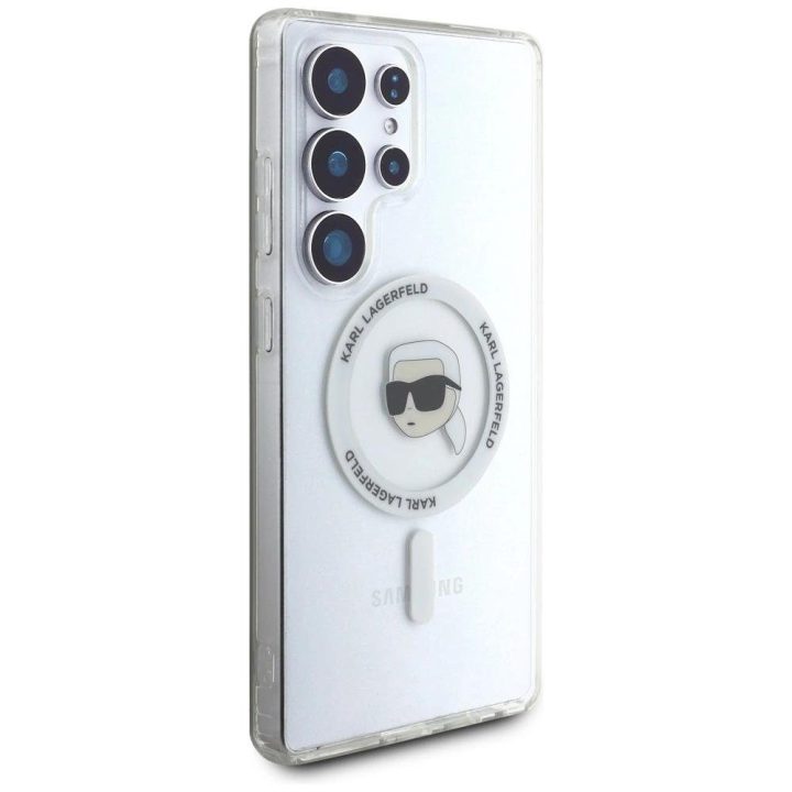 Karl Lagerfeld Button Karl Head Printed Logo MagSafe dėklas baltas Samsung Galaxy S25 Ultra