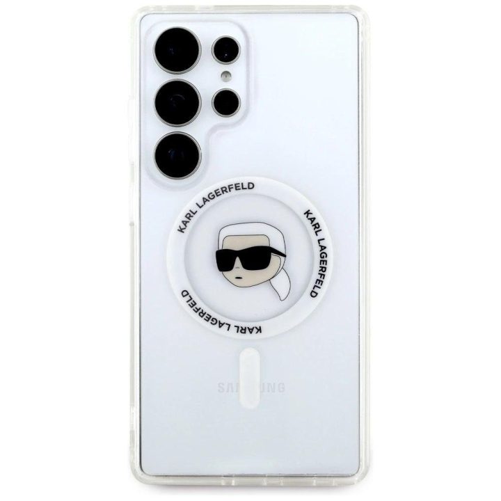 Karl Lagerfeld Button Karl Head Printed Logo MagSafe dėklas baltas Samsung Galaxy S25 Ultra