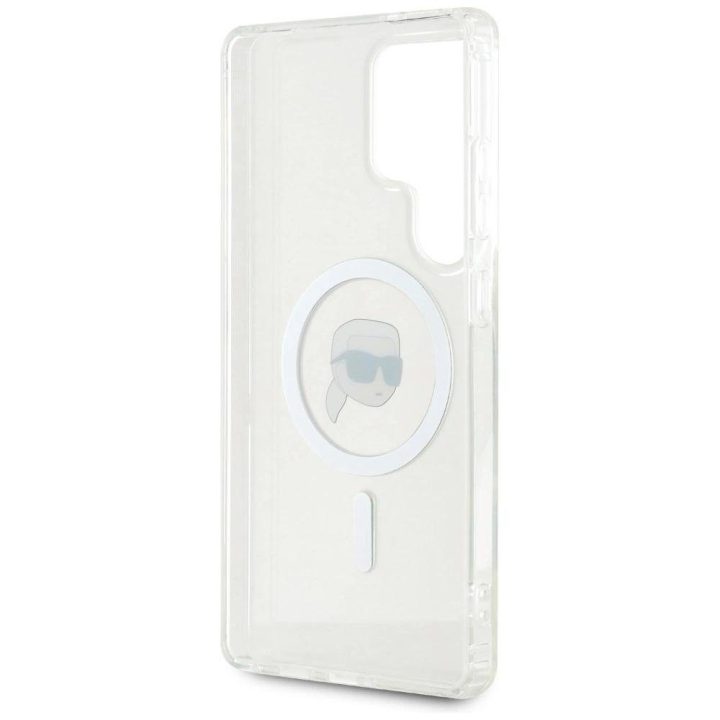 Karl Lagerfeld Button Karl Head Printed Logo MagSafe dėklas baltas Samsung Galaxy S25 Ultra