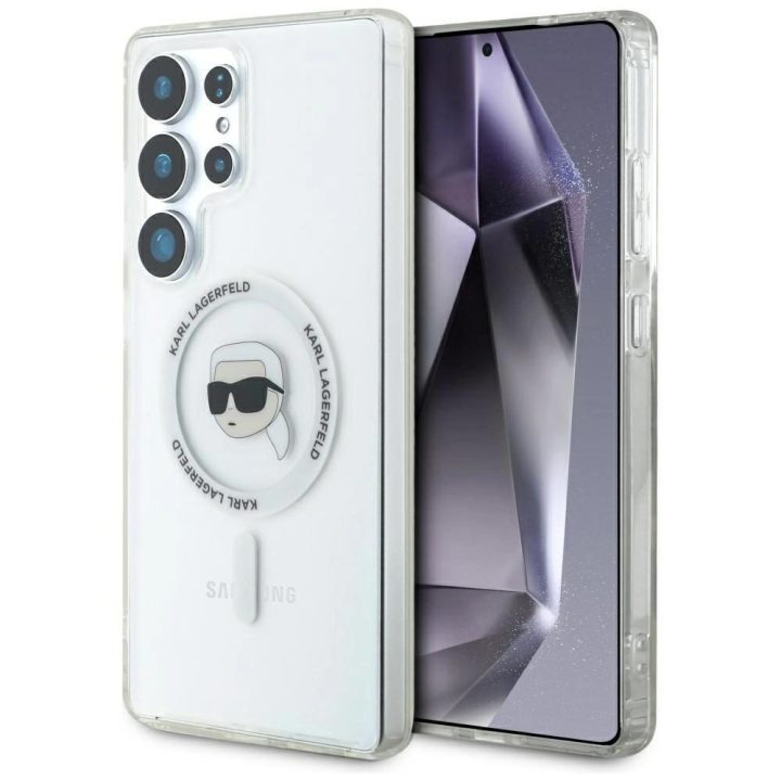 Karl Lagerfeld Button Karl Head Printed Logo MagSafe dėklas baltas Samsung Galaxy S25 Ultra