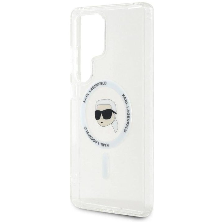 Karl Lagerfeld Button Karl Head Printed Logo MagSafe dėklas baltas Samsung Galaxy S25 Ultra